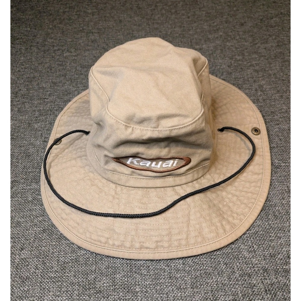 Hawaiian Headwear Kauai Island Spell out Safari Hat Mens Khaki Resort Vtg Cap